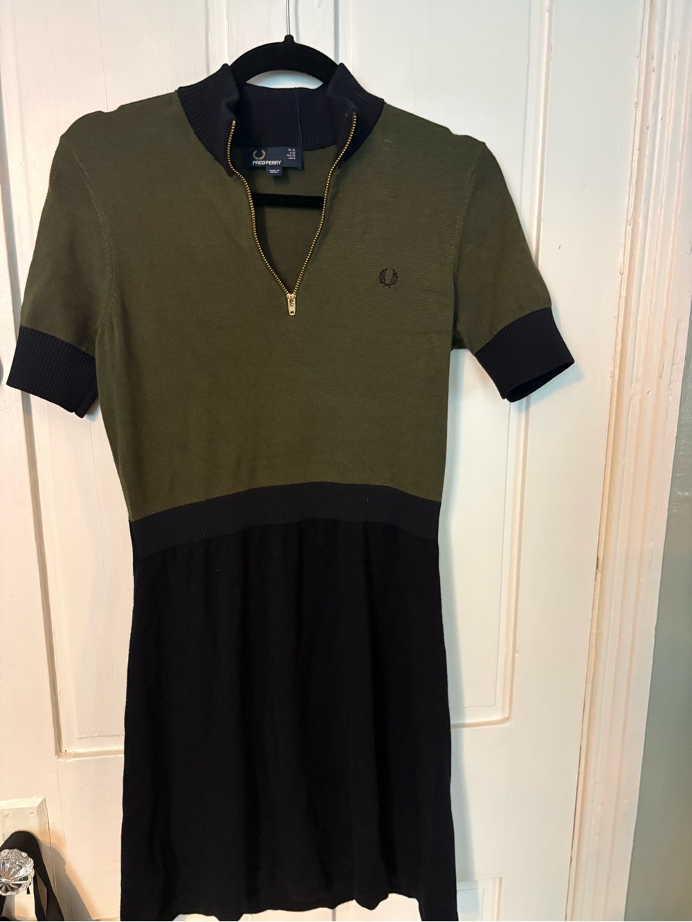 Fred Perry Olive Green and Black Short-Sleeve Zip Knit Dress UK 10 US 6